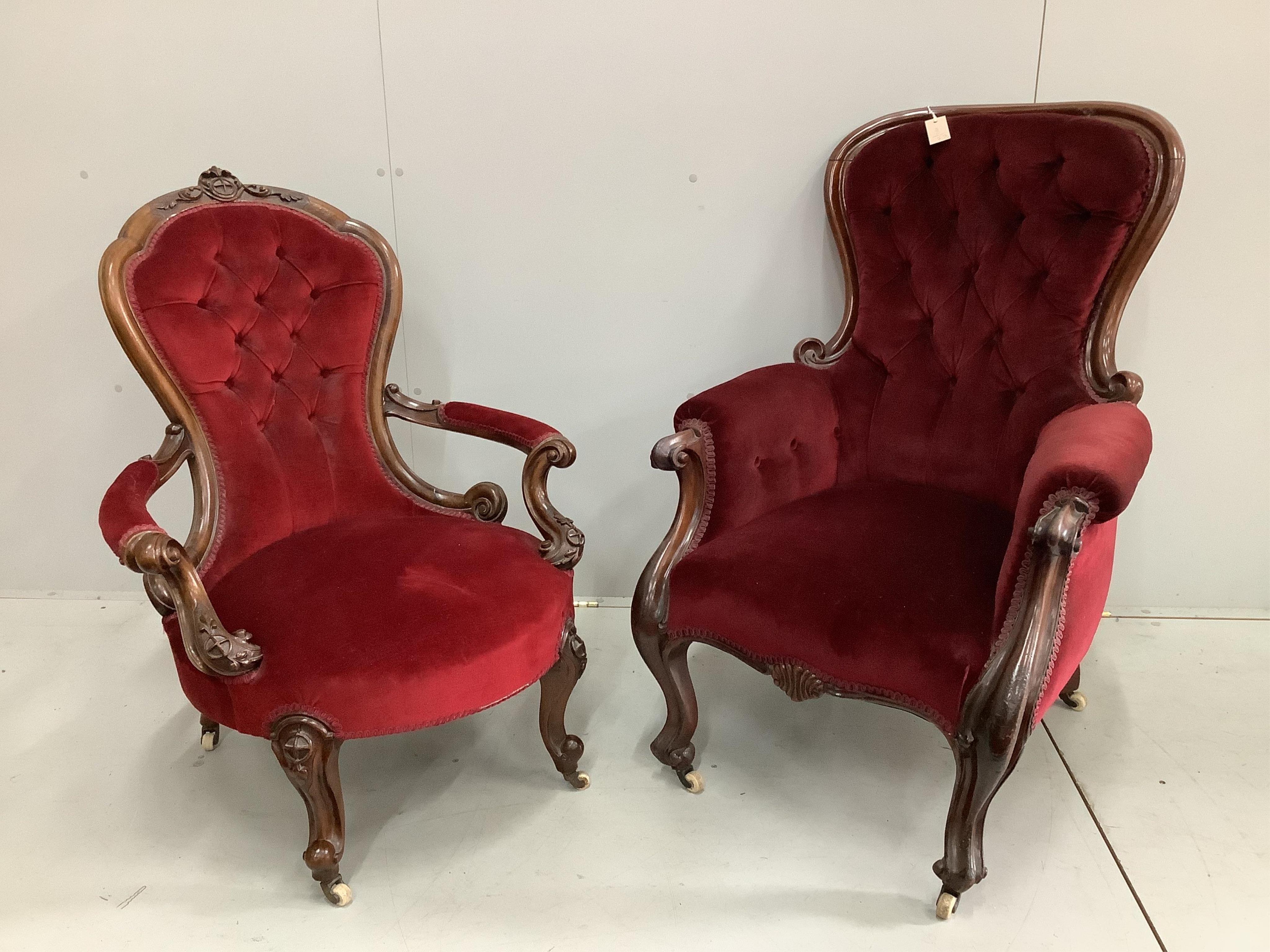 A Victorian mahogany upholstered spoon back armchair, width 70cm, depth 80cm, height 102cm, together with a similar open armchair. Condition - fair